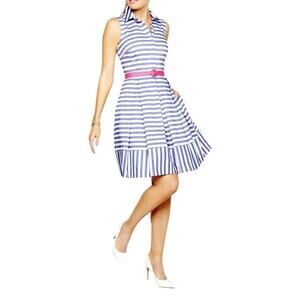 Eliza J Women's 6 Blue White Pink Striped Fit Flare Sleeveless Belted Dress